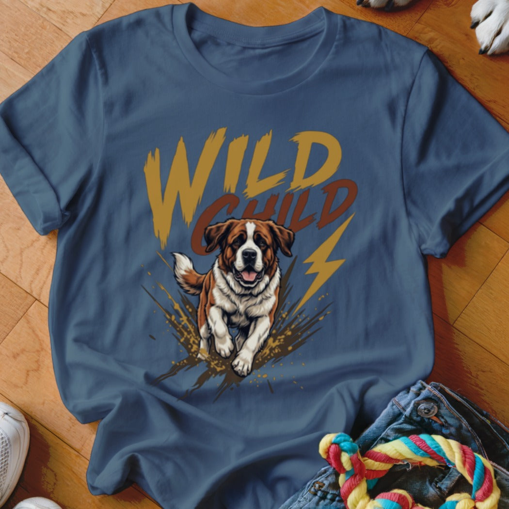 Blue crewneck t-shirt featuring a graphic of a running Saint Bernard dog and text that reads WILD CHILD.