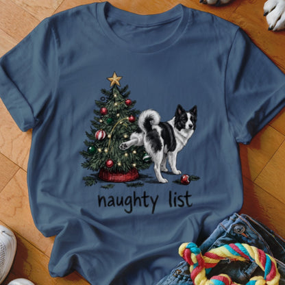 A dark blue t-shirt with a graphic of a dog peeing on a Christmas tree, with the text "naughty list" below.
