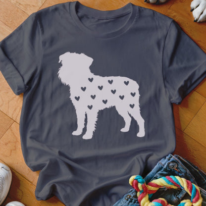 Dark grey t-shirt with a white silhouette of a dog covered in small black hearts.