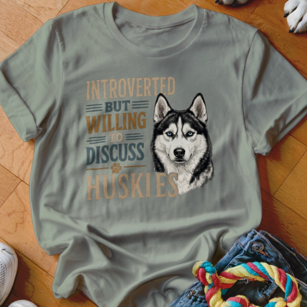 Light blue t-shirt with husky illustration and text "Introverted but willing to discuss huskies."