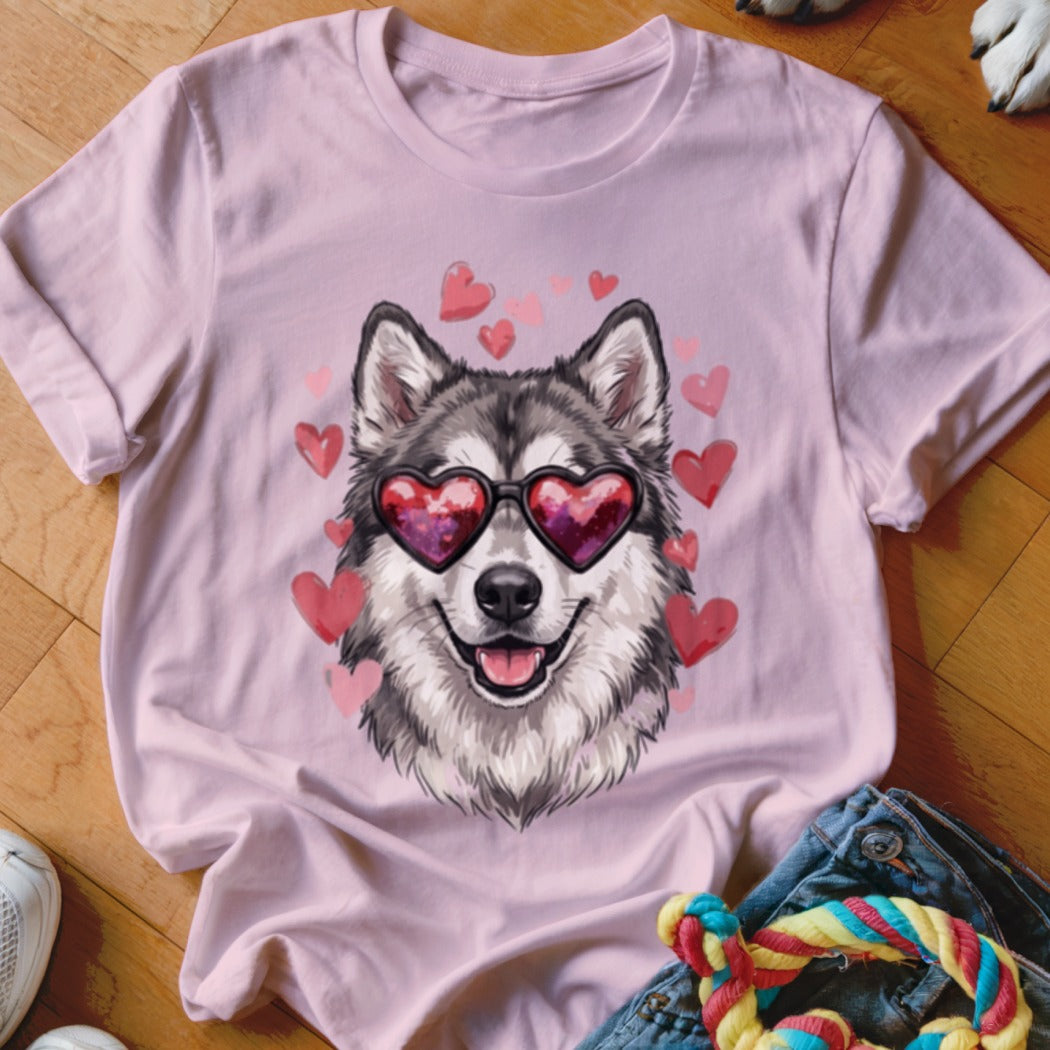 A light pink t-shirt features a graphic of a husky wearing heart-shaped sunglasses, surrounded by pink hearts.