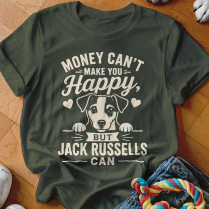 Green t-shirt with white text and a Jack Russell terrier graphic saying "Money can't make you happy, but Jack Russells can."