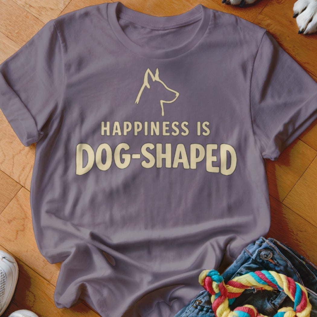 Purple t-shirt with "Happiness is DOG-SHAPED" text and dog silhouette.