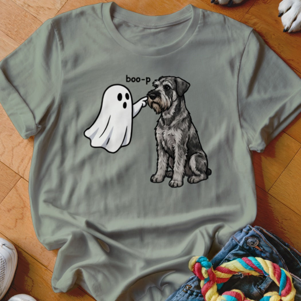 Ghost poking a schnauzer dog with "boo-p" text on grey t-shirt.
