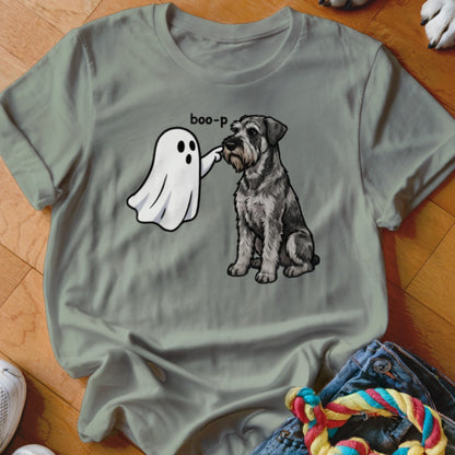 Ghost poking a schnauzer dog with "boo-p" text on grey t-shirt.