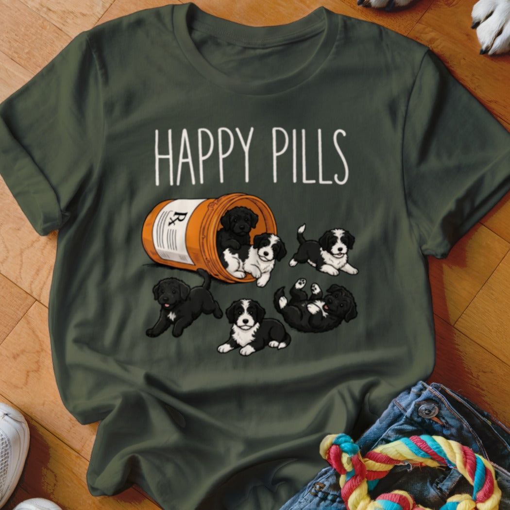 Cute puppies spill from a pill bottle with "HAPPY PILLS" text above.
