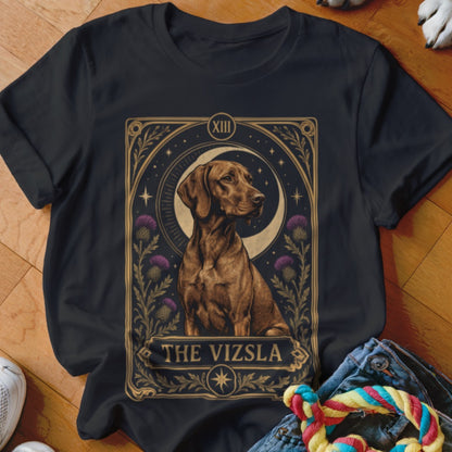 Black t-shirt featuring a tarot card graphic of a Vizsla dog framed by thistles and a crescent moon.