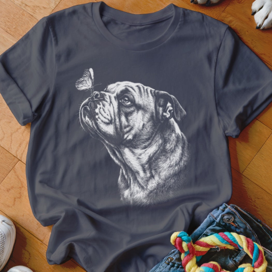 Dark gray t-shirt featuring a detailed white illustration of a bulldog looking up at a butterfly.