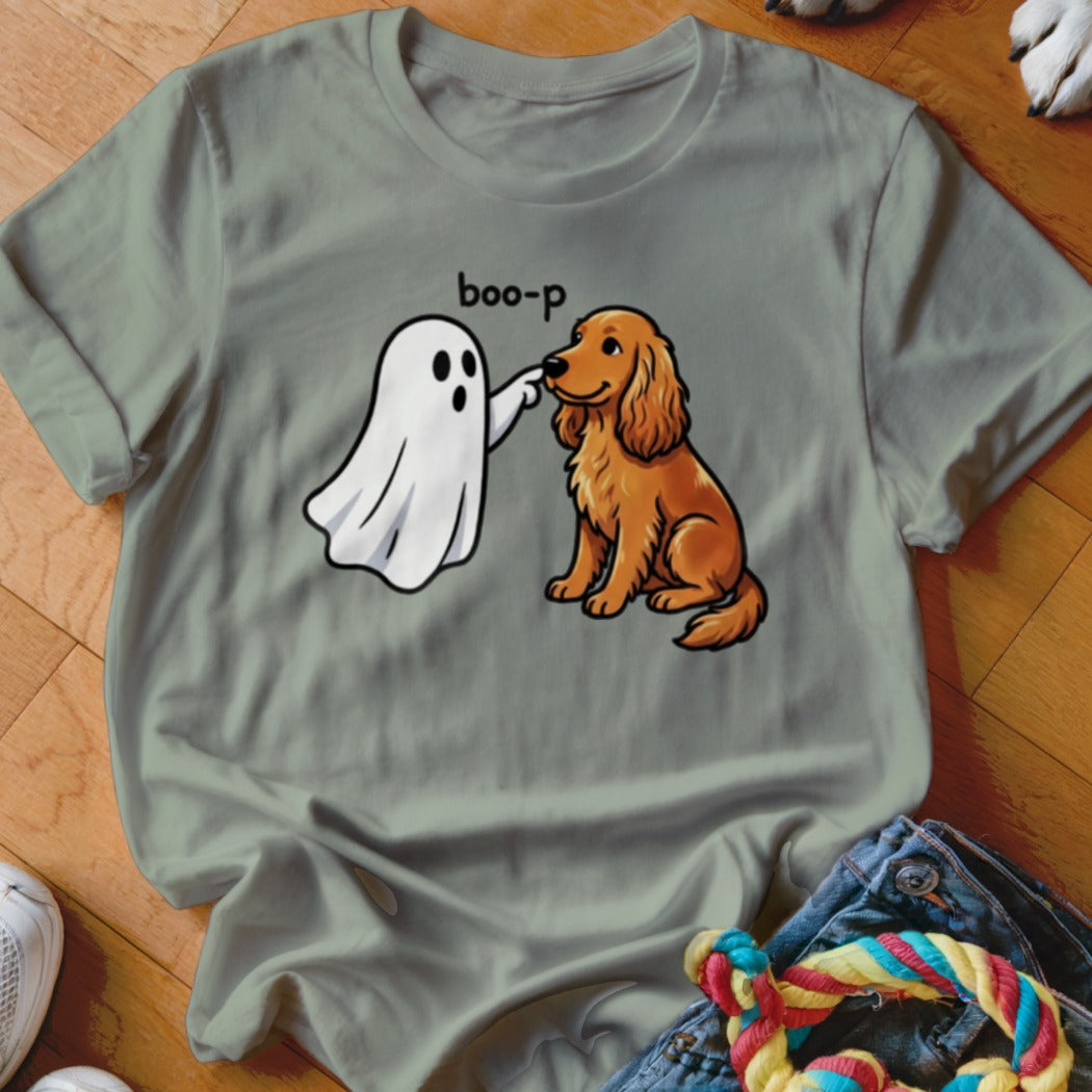 Cartoon ghost boops a golden retriever with text "boo-p".