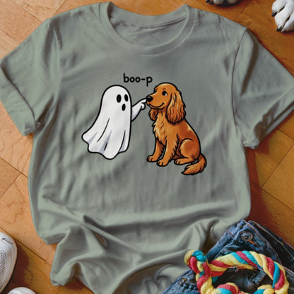 Cartoon ghost boops a golden retriever with text "boo-p".