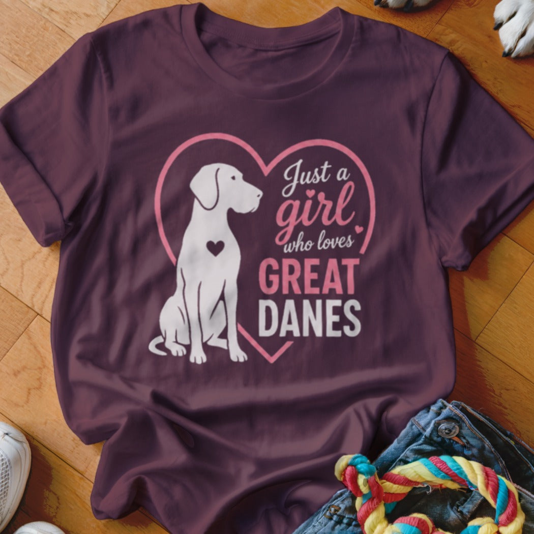 Maroon t-shirt with white Great Dane silhouette and text "Just a girl who loves Great Danes."