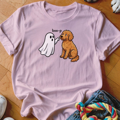 Pink t-shirt with cartoon of ghost booping a goldendoodle dog with text "boo-p".