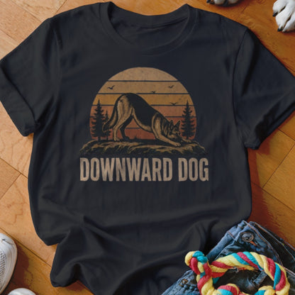 Black t-shirt with a German Shepherd in a downward dog pose against a sunset.
