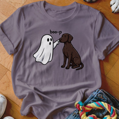 Ghost booping a sitting brown dog with "boo-p" text above.