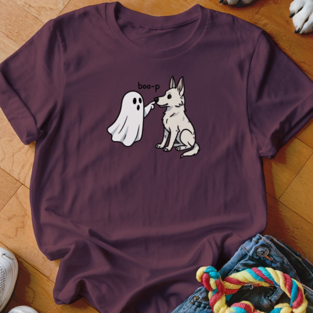 Ghost booping a white dog on the nose with "boo-p" text