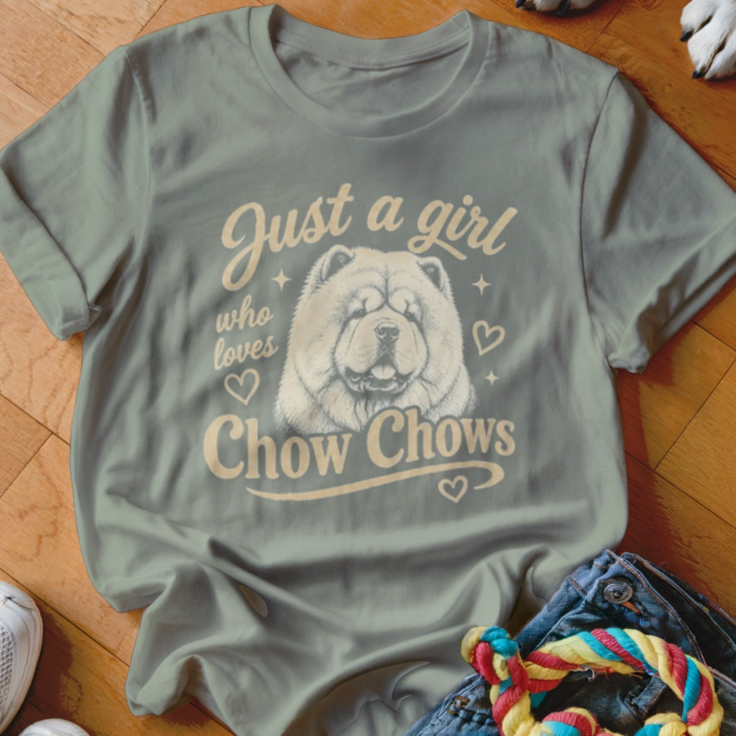 Light gray t-shirt with illustration of a Chow Chow and text "Just a girl who loves Chow Chows".