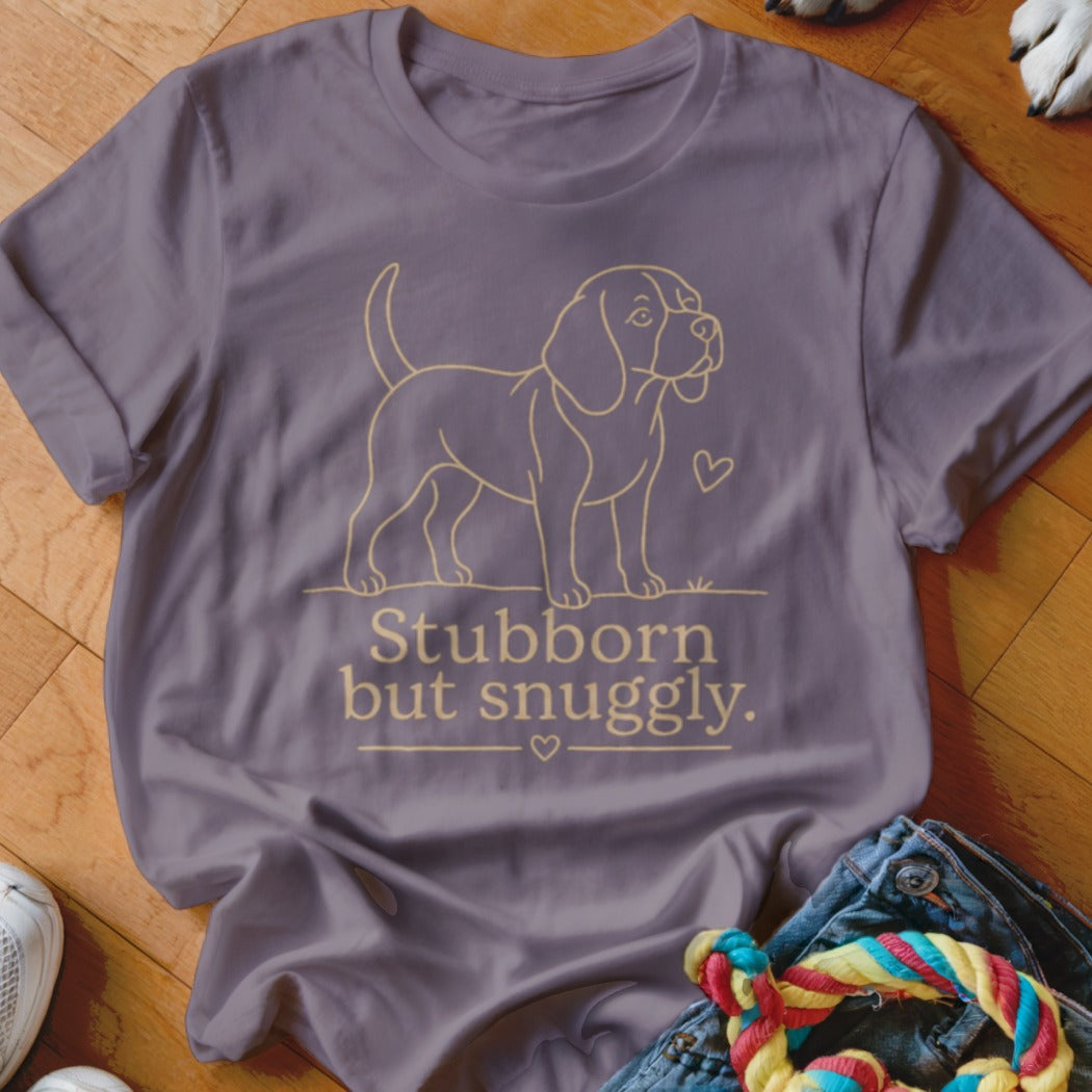 Purple t-shirt with beagle outline and text "Stubborn but snuggily."