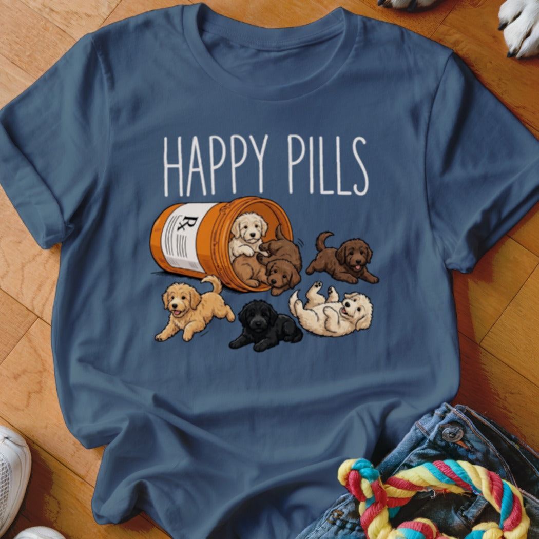 T-shirt with "Happy Pills" text and a prescription bottle spilling out puppies.
