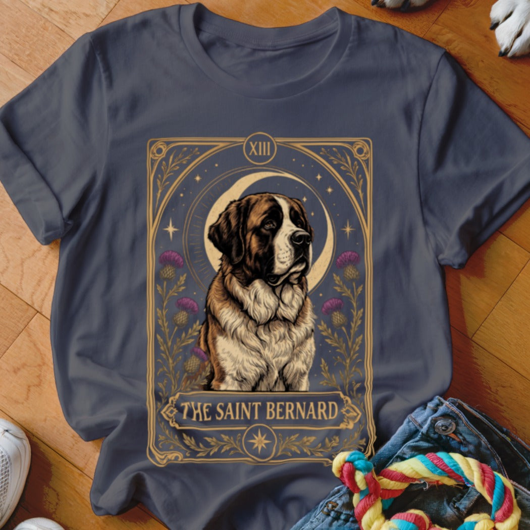 A dark grey t-shirt featuring a tarot card style graphic of a Saint Bernard dog.