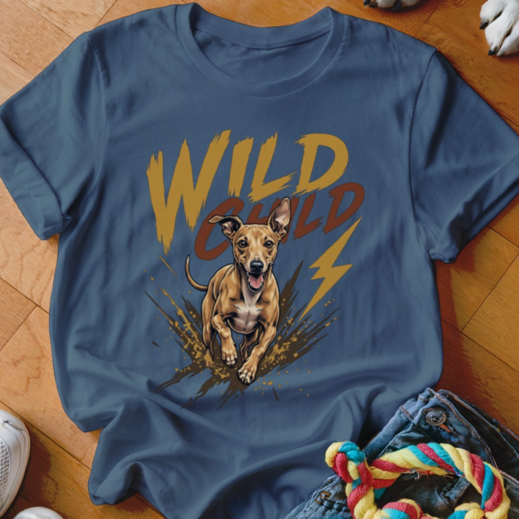 A dark blue t-shirt printed with a graphic of a running dog and the text WILD CHILD.