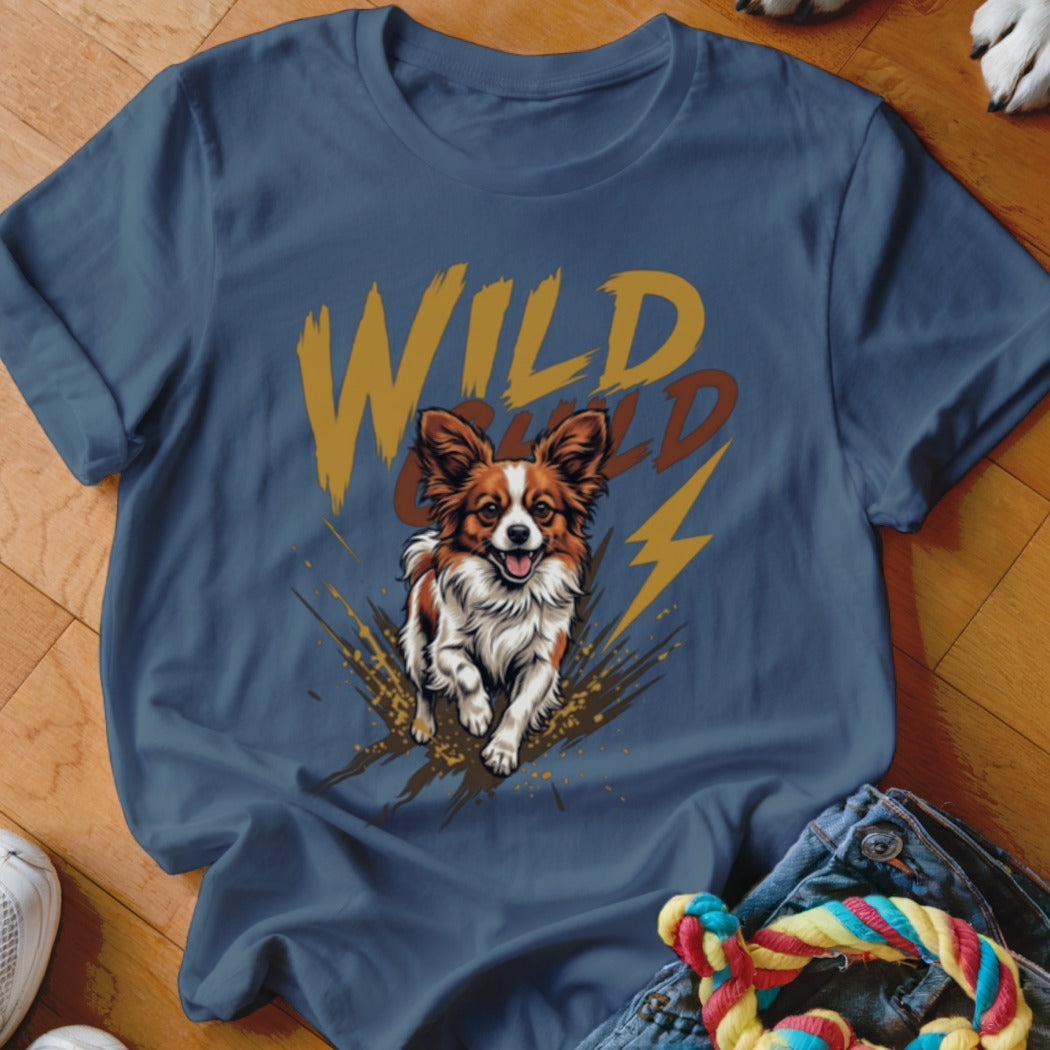 Blue crewneck t-shirt featuring a graphic of a running dog and the text WILD CHILD.
