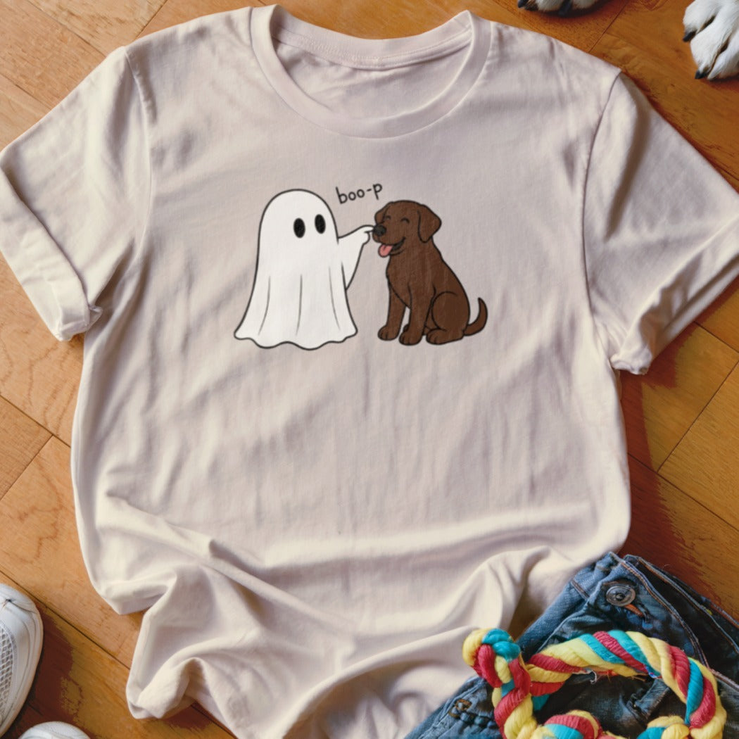 Ghost booping a happy chocolate lab with the text "boo-p".