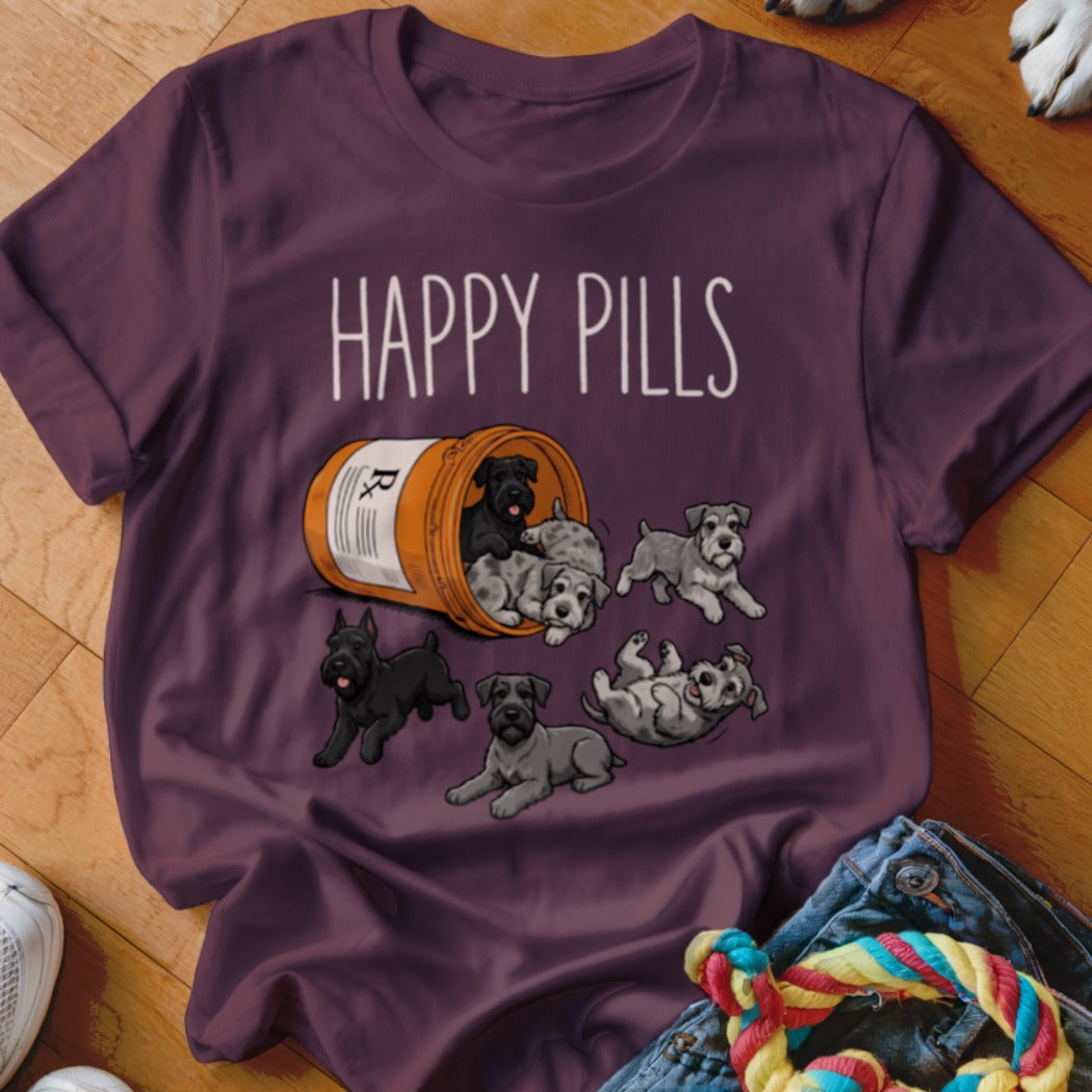 Schnauzer puppies spilling from a pill bottle with "Happy Pills" text.