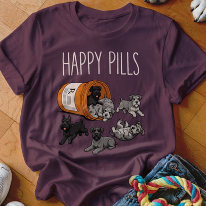 Schnauzer puppies spilling from a pill bottle with "Happy Pills" text.