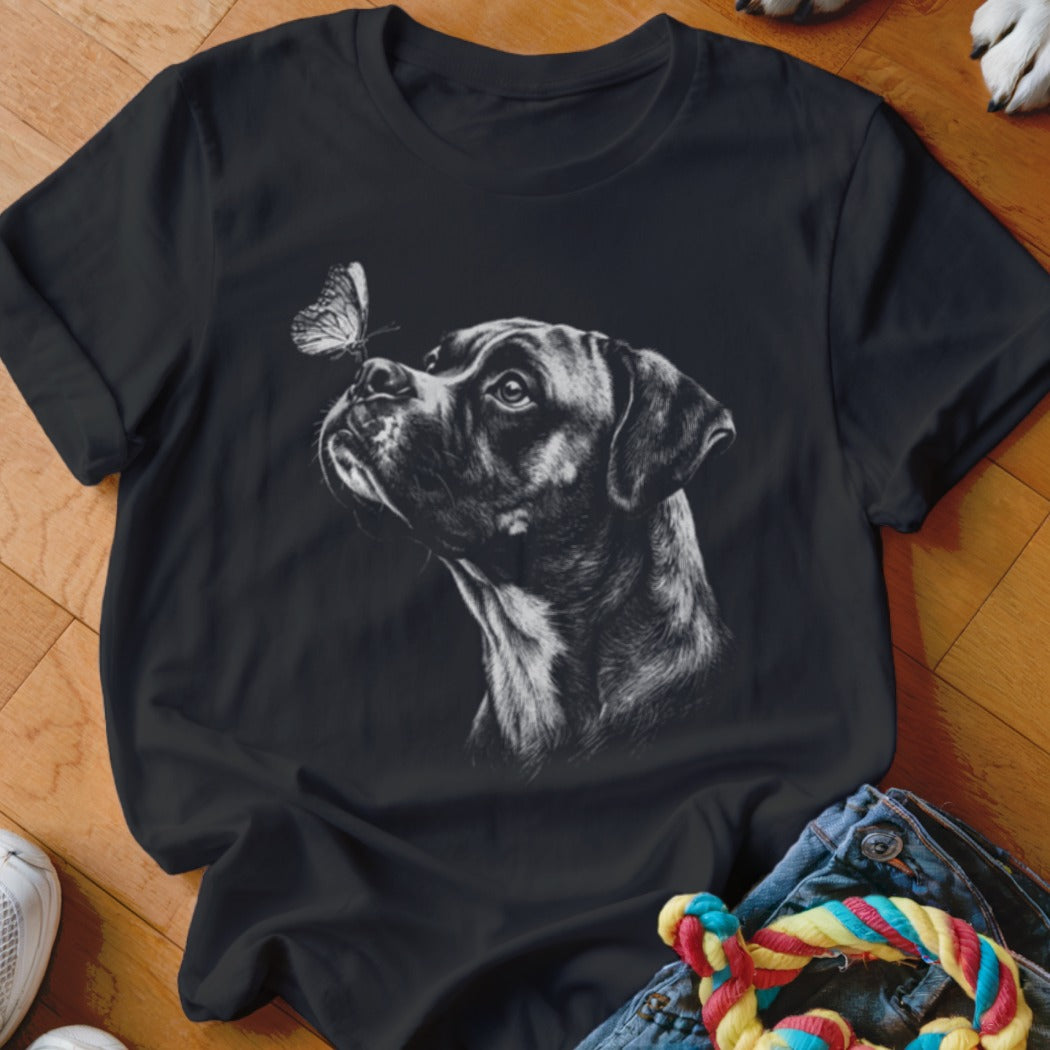Black t-shirt featuring a white sketch graphic of a boxer dog looking at a butterfly.