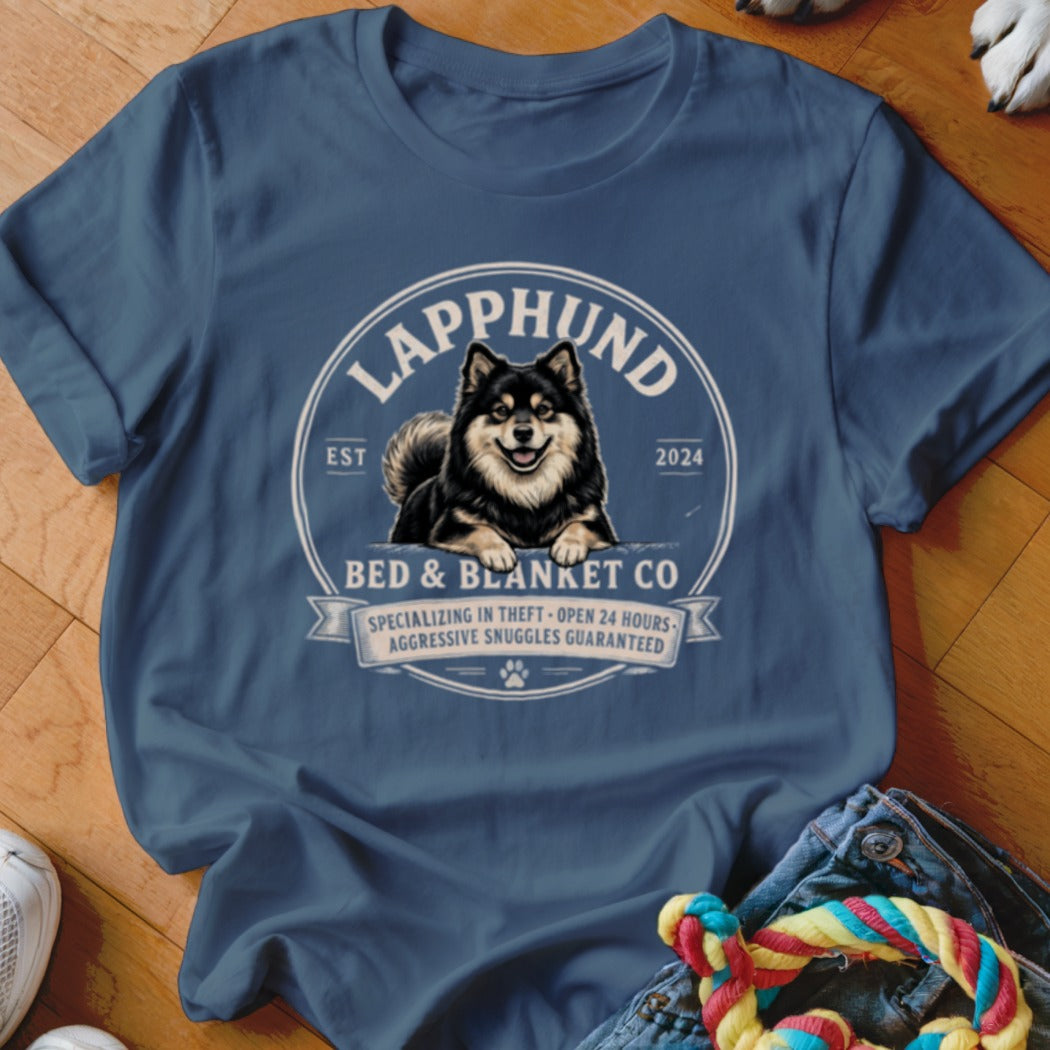 Lapphund Bed & Blanket Co. t-shirt with a dog and humorous text.