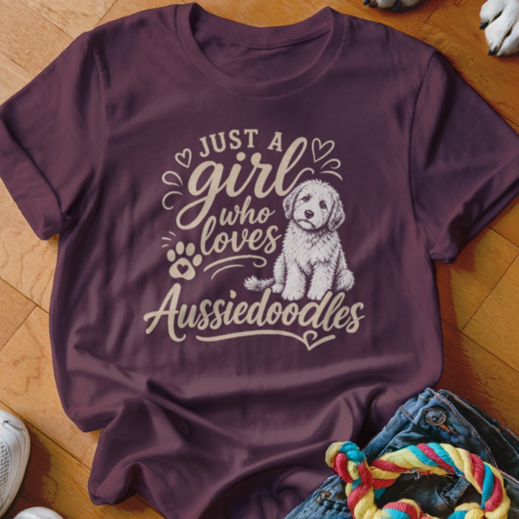 Maroon t-shirt with "Just a girl who loves Aussiedoodles" text and doodle dog.