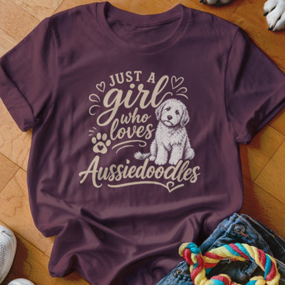 Maroon t-shirt with "Just a girl who loves Aussiedoodles" text and doodle dog.