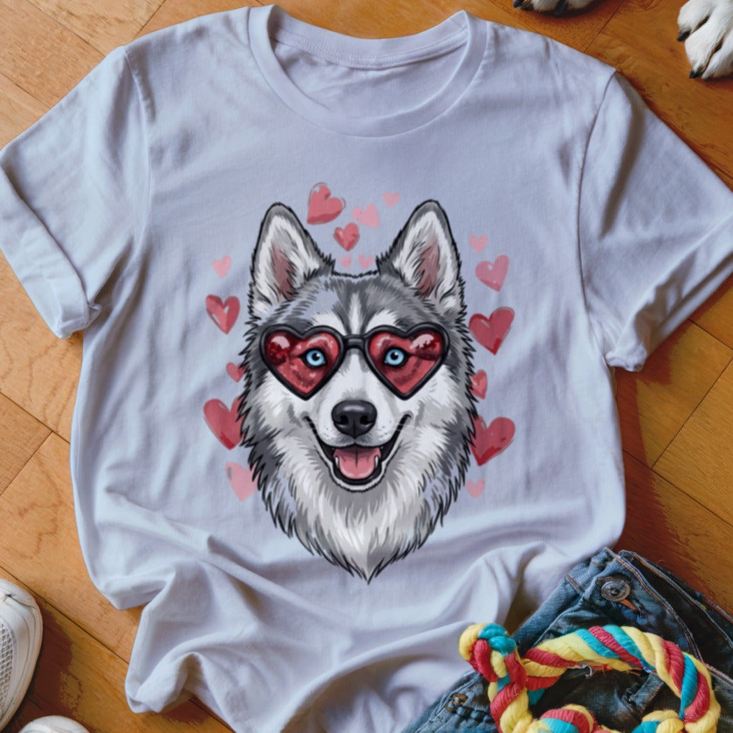 A light grey crewneck t-shirt featuring a graphic of a husky wearing heart-shaped sunglasses surrounded by floating pink hearts.