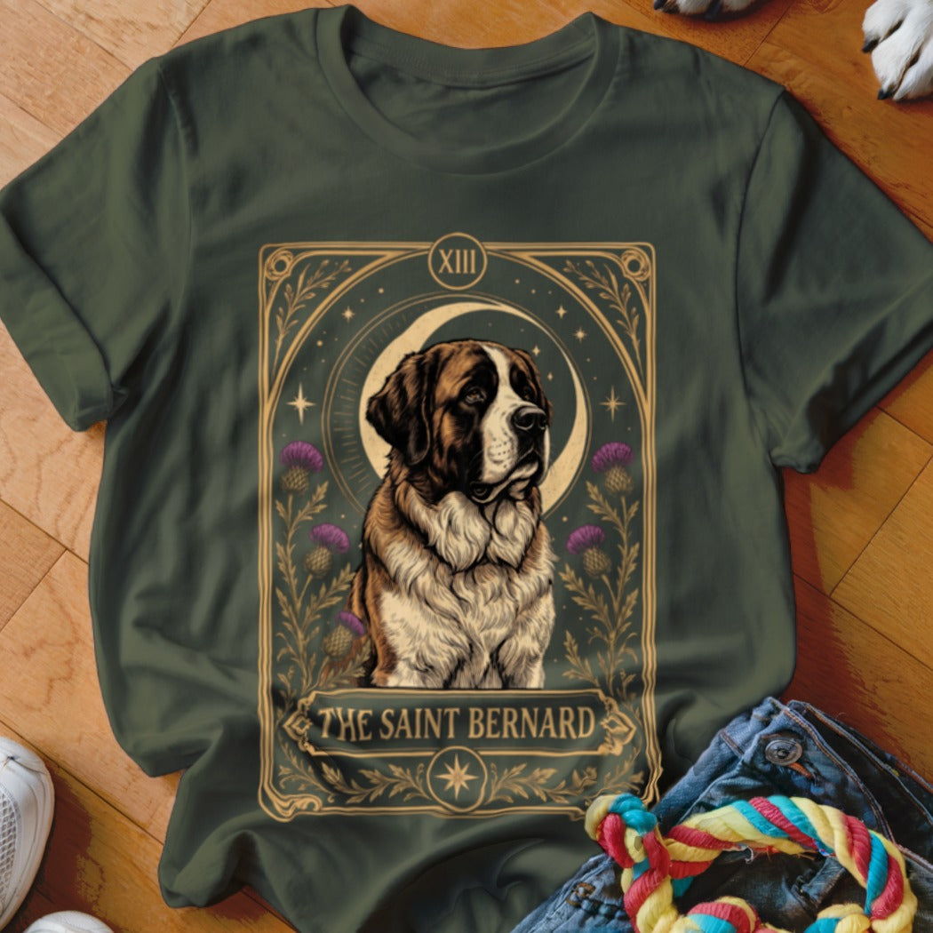 Olive green crewneck t-shirt featuring a tarot card graphic of a Saint Bernard dog with the text "The Saint Bernard".