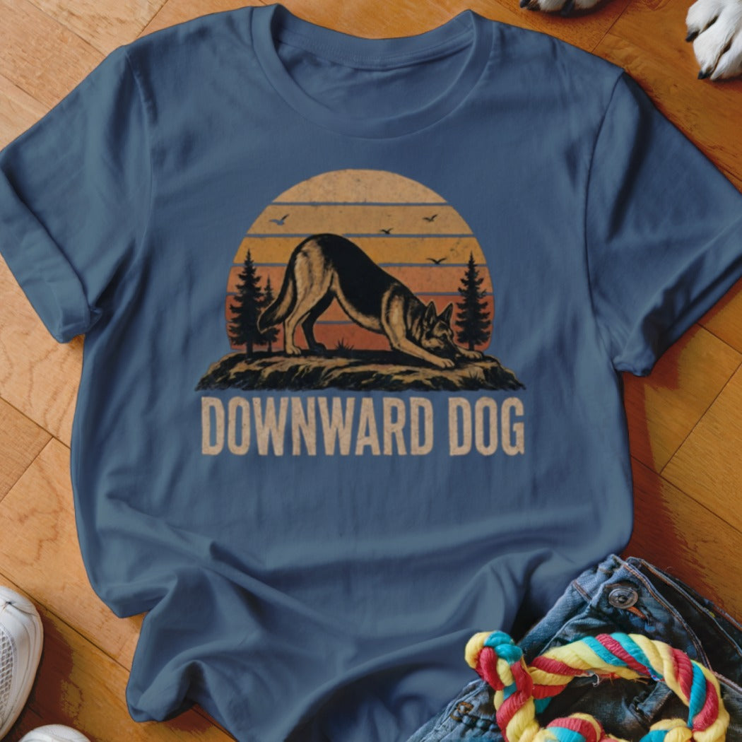 T-shirt with "Downward Dog" text and a German Shepherd at sunset.