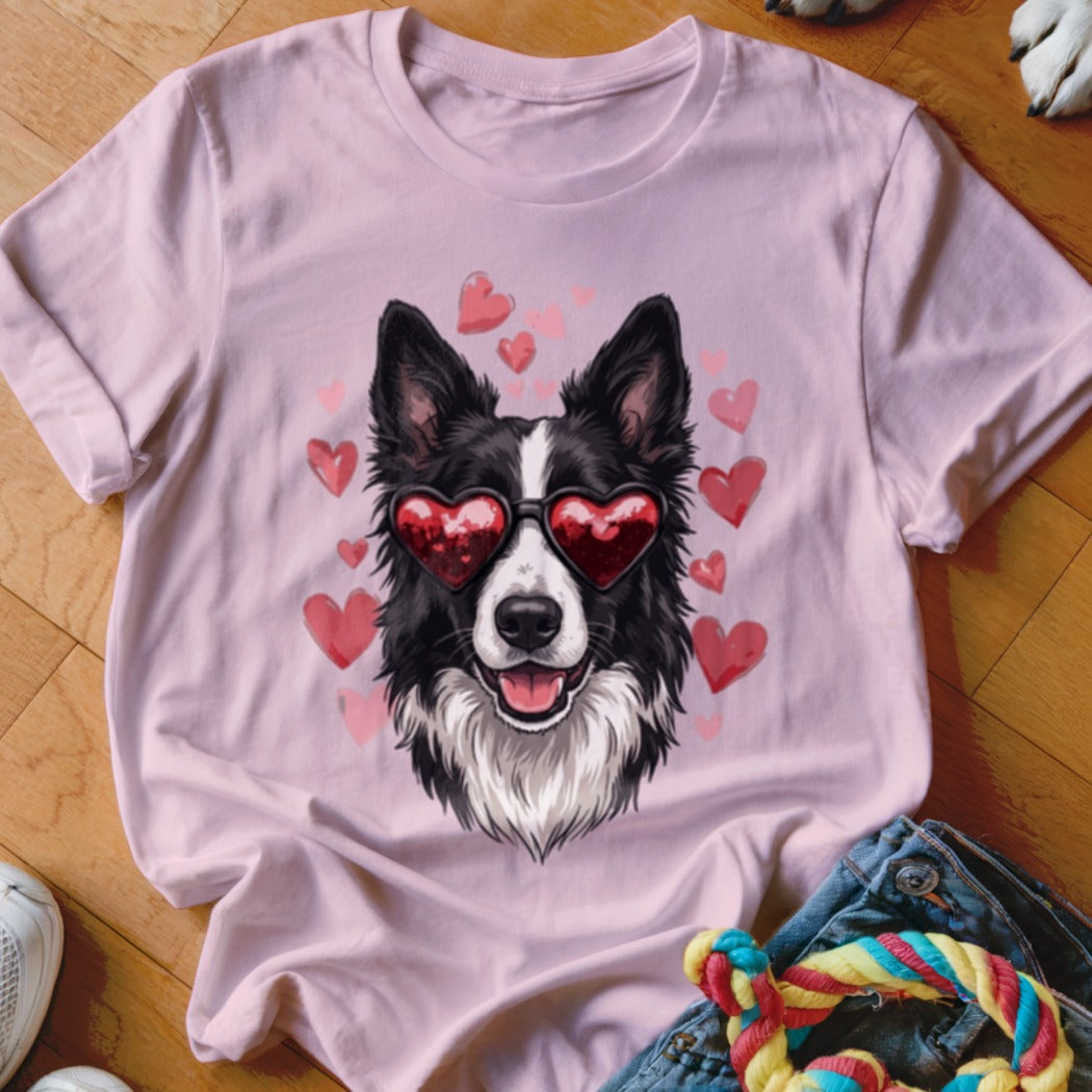 Light pink crewneck t-shirt featuring a graphic of a black and white dog wearing heart-shaped sunglasses.