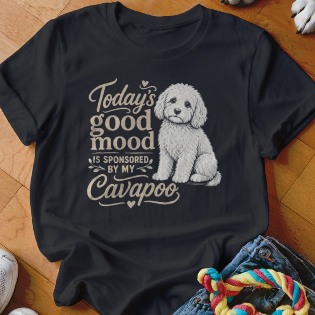 Black t-shirt with a drawing of a Cavapoo and text: Today's good mood is sponsored by my Cavapoo.