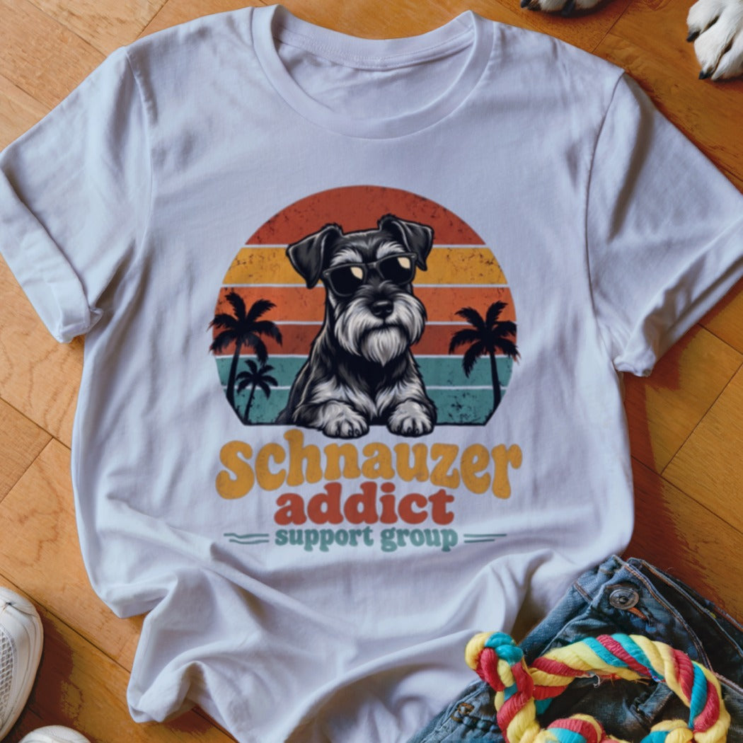 A white t-shirt featuring a retro graphic of a Schnauzer wearing sunglasses over palm trees and a sunset.