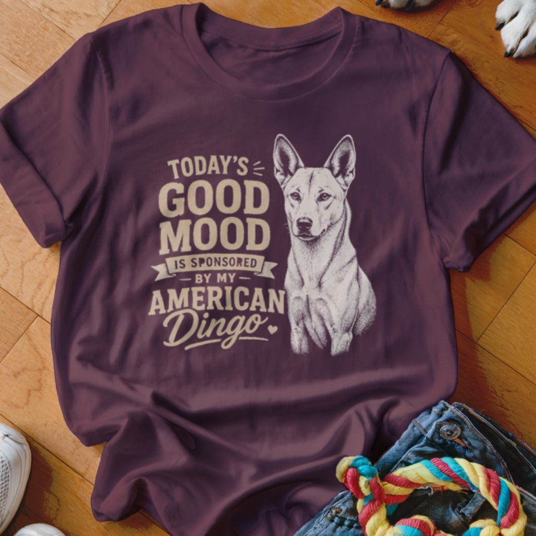 Maroon t-shirt with an American Dingo illustration and the text "Today's good mood is sponsored by my American Dingo."