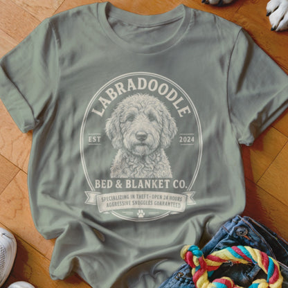 Grey t-shirt with a Labradoodle graphic and "Bed & Blanket Co." text.