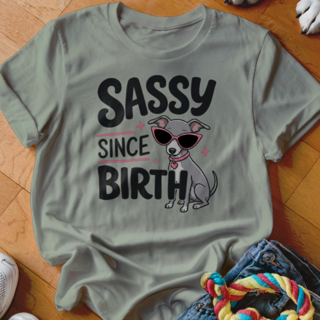 Grey t-shirt with "SASSY SINCE BIRTH" text and a dog wearing sunglasses.