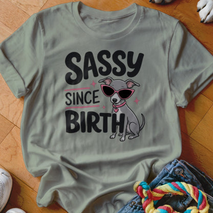 Grey t-shirt with "SASSY SINCE BIRTH" text and a dog wearing sunglasses.