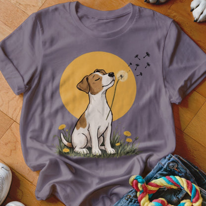 A purple crewneck t-shirt featuring a graphic of a dog blowing dandelion seeds.