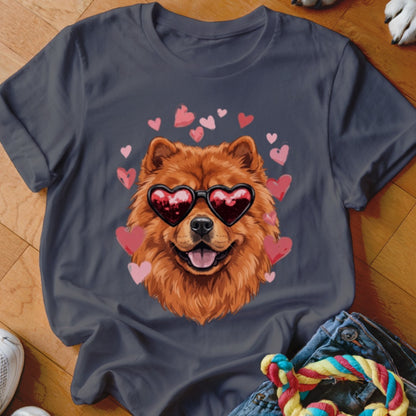 A dark gray t-shirt featuring a graphic of a fluffy Chow Chow wearing heart-shaped sunglasses surrounded by pink hearts.