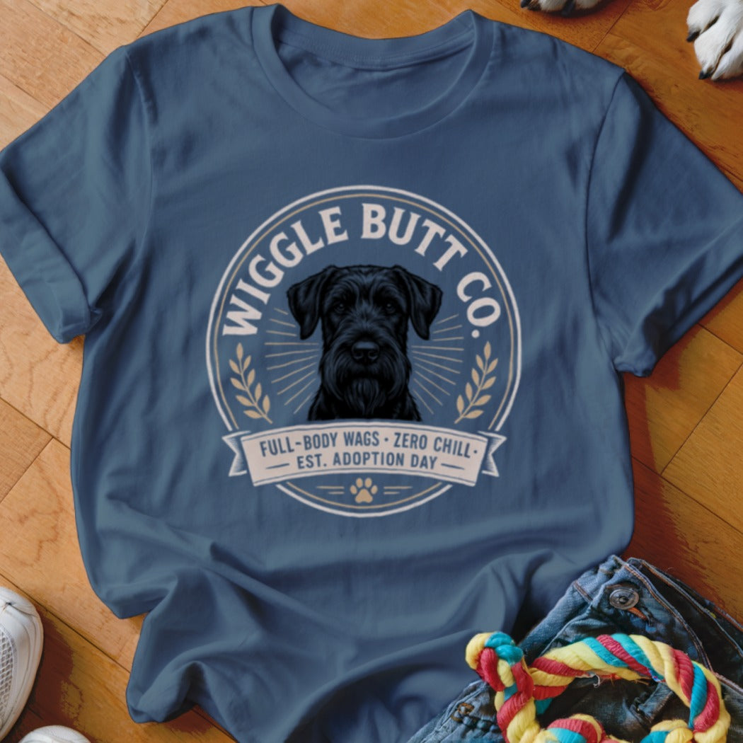 Navy t-shirt with "Wiggle Butt Co." and a black dog's face.