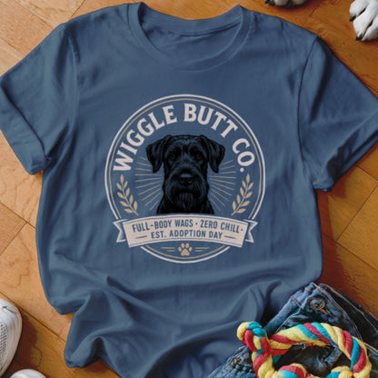 Navy t-shirt with "Wiggle Butt Co." and a black dog's face.
