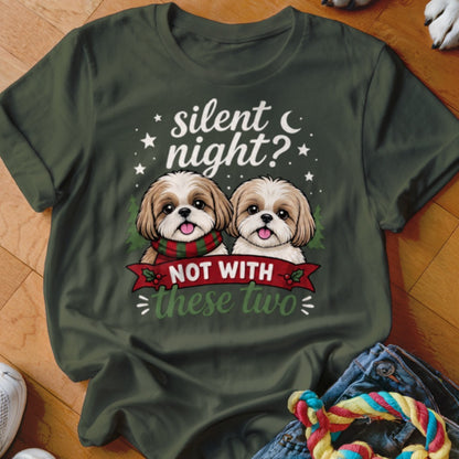 Two Shih Tzus wear Christmas scarves with text "silent night? NOT WITH these two".