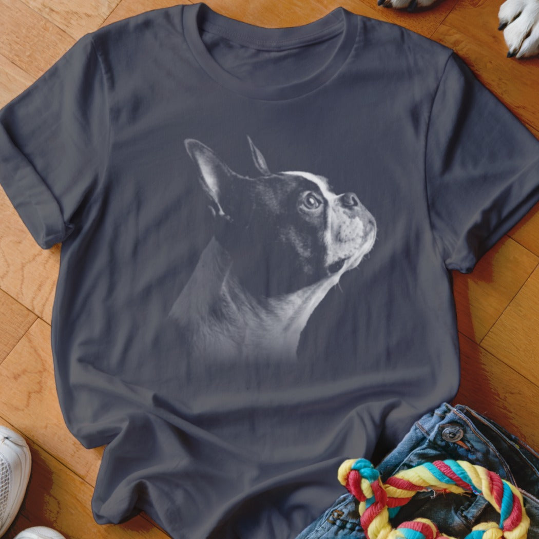 Dark grey t-shirt with a black and white Boston Terrier portrait on the front.