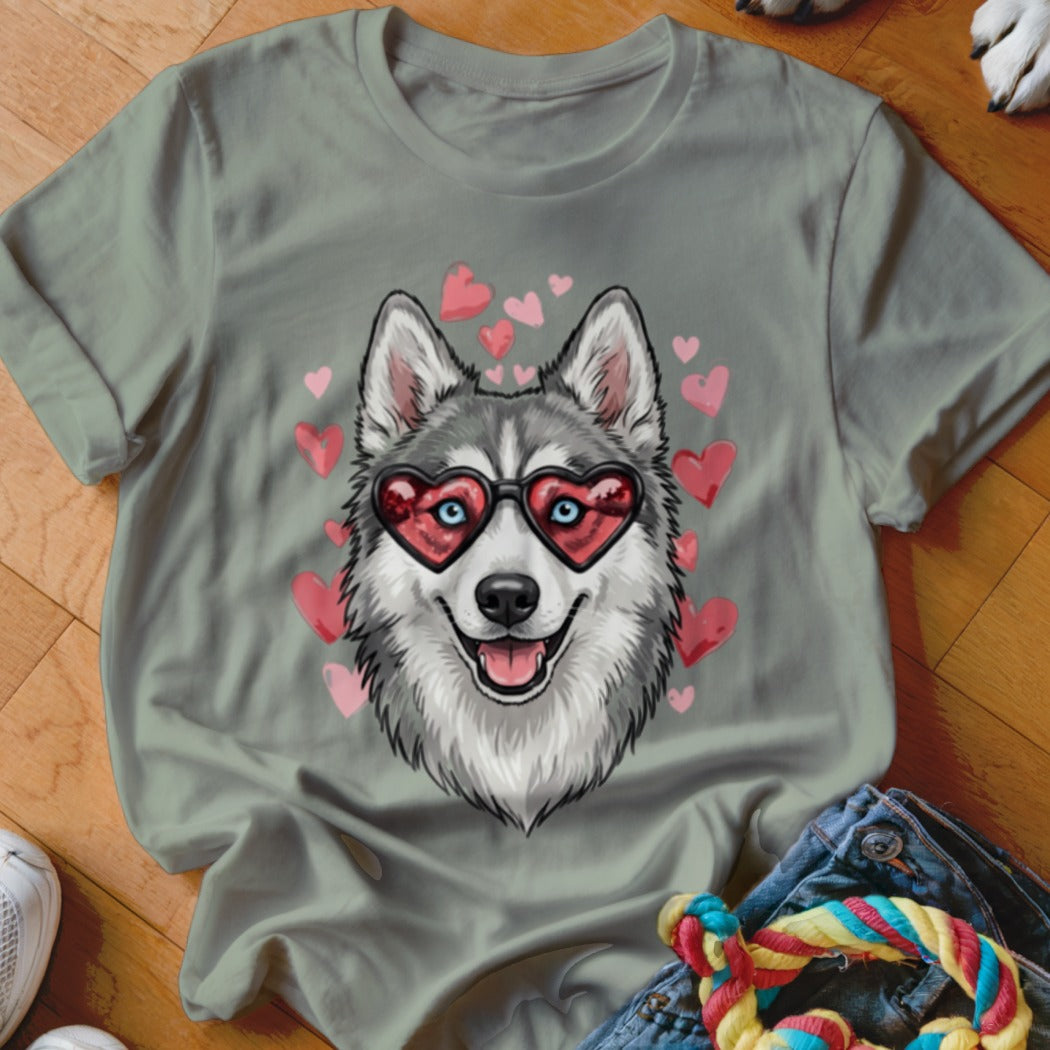 Gray t-shirt featuring a graphic of a husky wearing heart-shaped sunglasses surrounded by pink hearts.