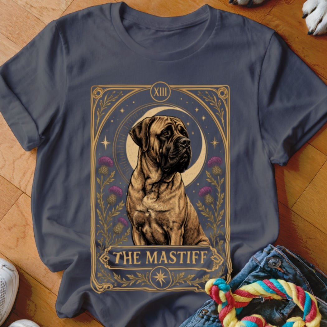 Charcoal t-shirt featuring a tarot-style illustration of a mastiff surrounded by flowers and the text The Mastiff.